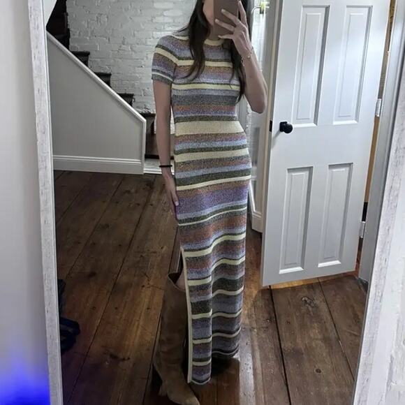 BA&SH Striped Crochet Knit Midi Dress MEDIUM Tshirt Daytime Cotton Designer $375 - Picture 6 of 15